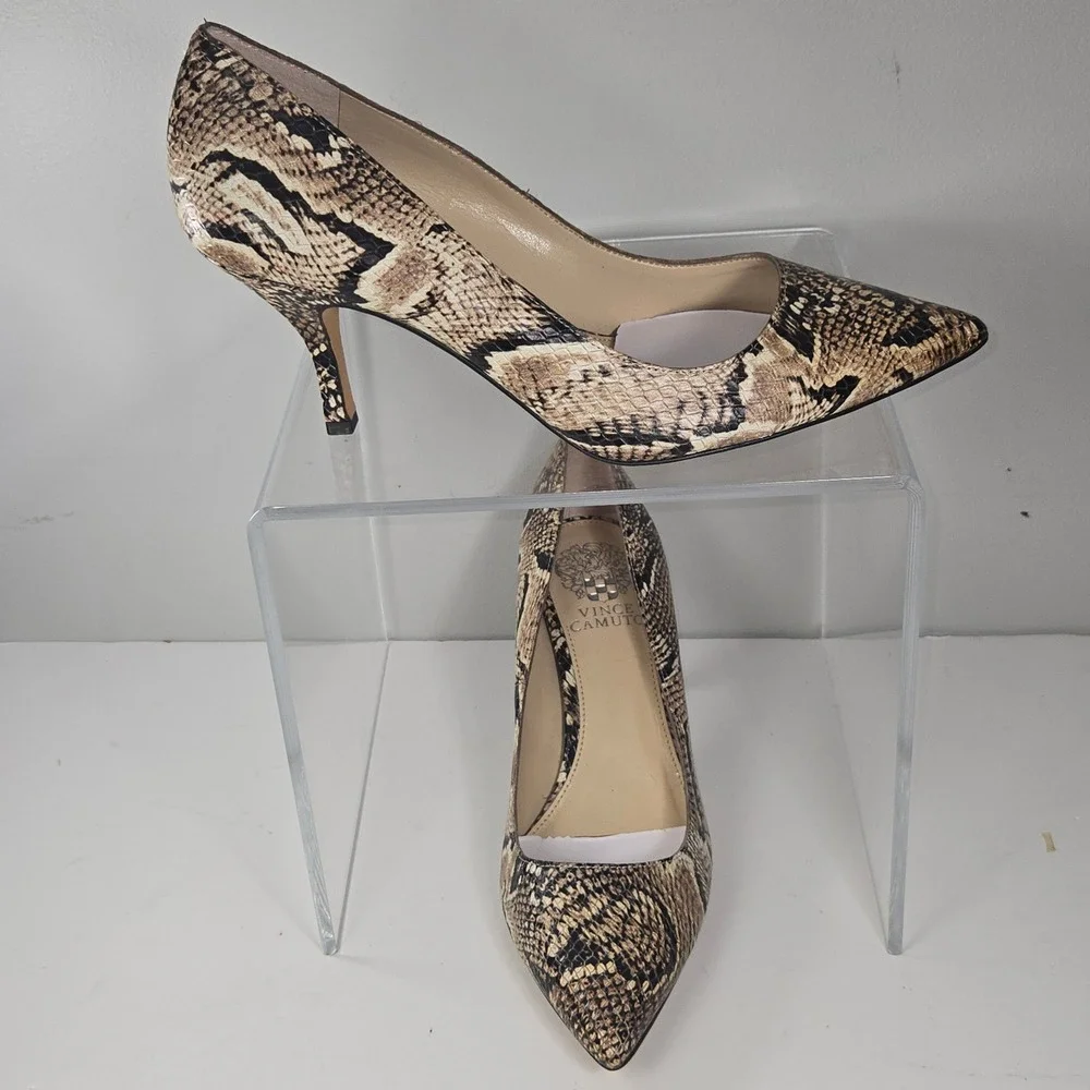 Vince Camuto Snakeskin Pumps Womens 8M Tan Black Pointed‎ Toe Stiletto